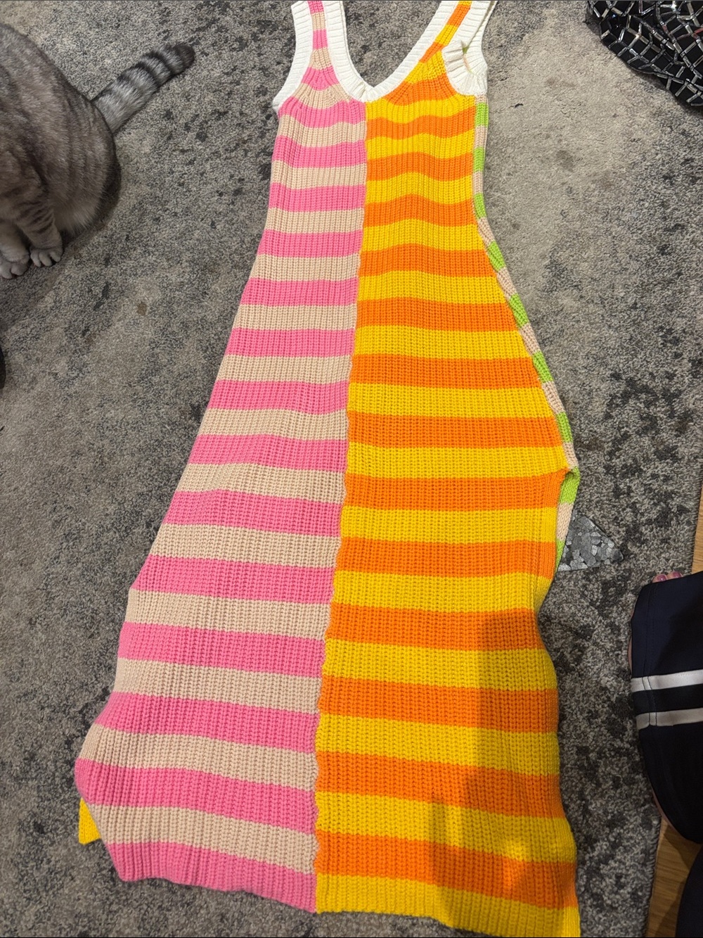 STAUD Pink Cream and Orange Yellow Striped Knit Midi Dress